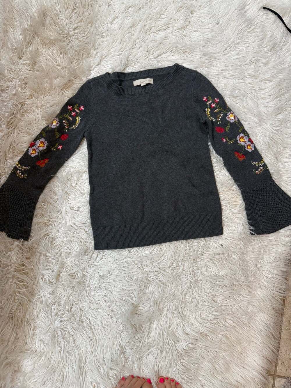 LOFT XSP Sweater Charcoal Embroidered Bell Sleeve